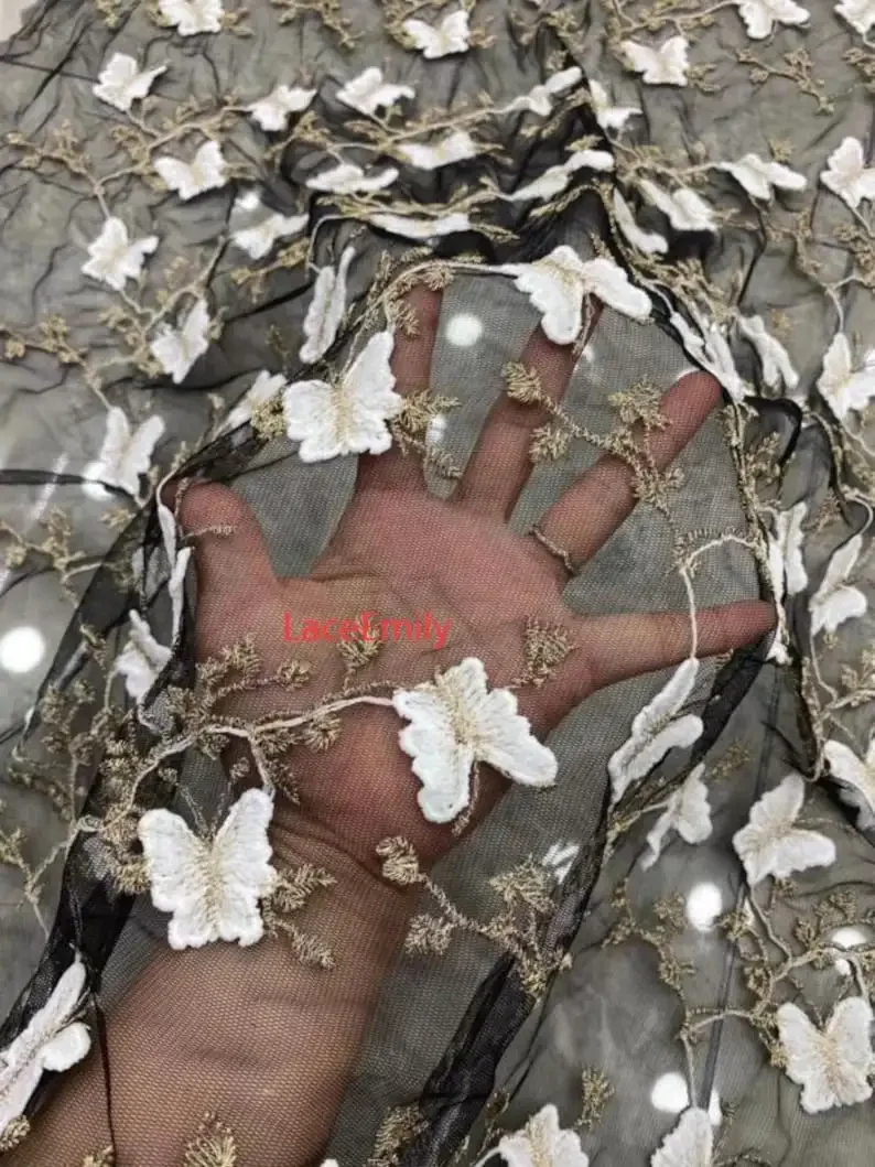 3D蝶レース生地、蝶金糸刺繍チュール生地、ウェディングドレス、ガールズドレス、パーティードレス、ブライダルベール用