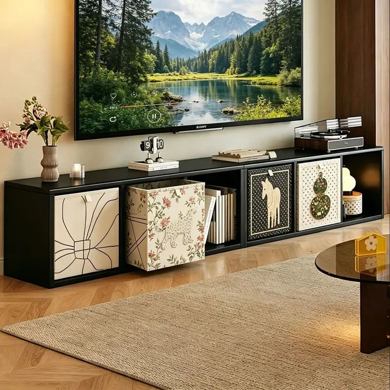 for TV Cabinet Solid Wood Lattice Storage Unit Living Room Combination Bookshelf Wall Mounted Integrated Household Locker