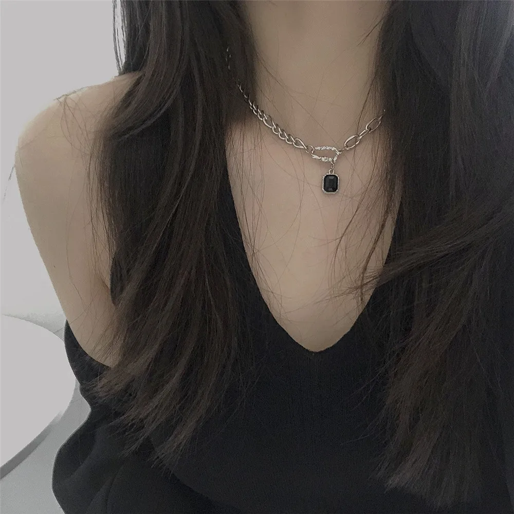 Punk Black Crystal Pendant Necklace for Women Men 2023 Trendy Personality Stainless steel Chain Necklace Goth Emo Grunge Jewelry