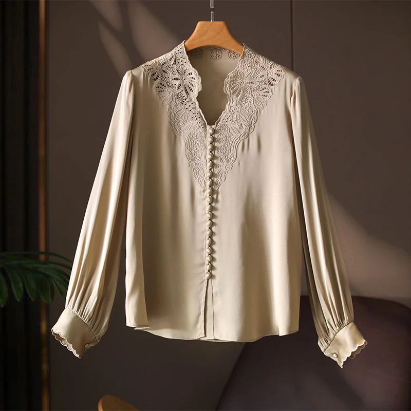 Spring Autumn Simple Vintage Embroidery Solid Color Office Lady Shirt Long Sleeve All-match Elegant Hollow Out Chic Blouse Women