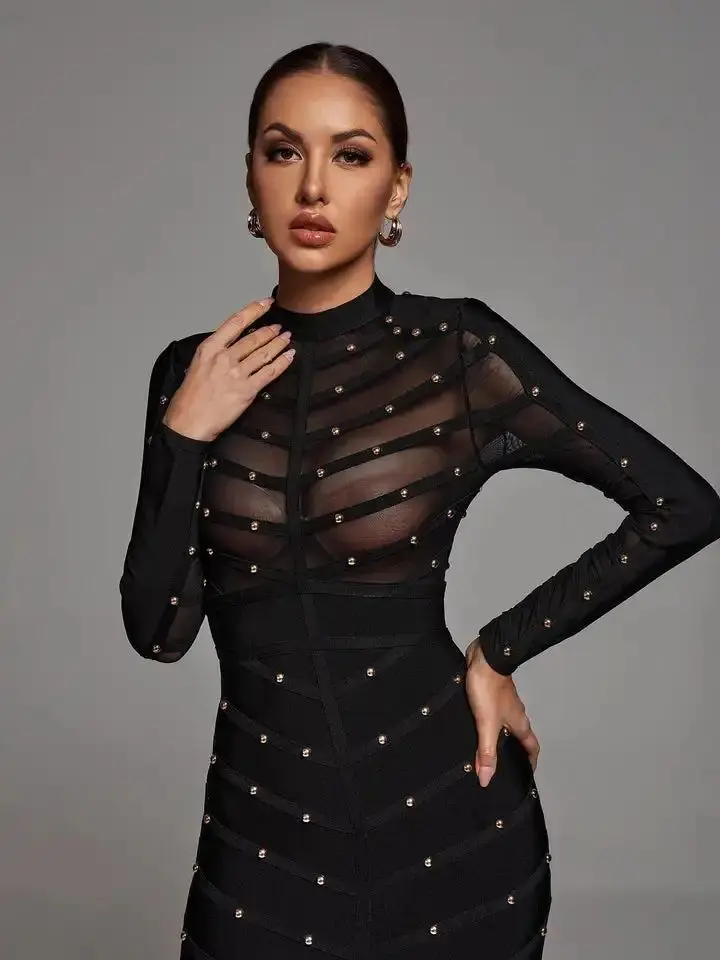 Nero Sexy See Through Rivet Bandage Dresses Women 2023 Mesh manica lunga Stripe Waist Party Dress elegante Bodycon Outfit BA046