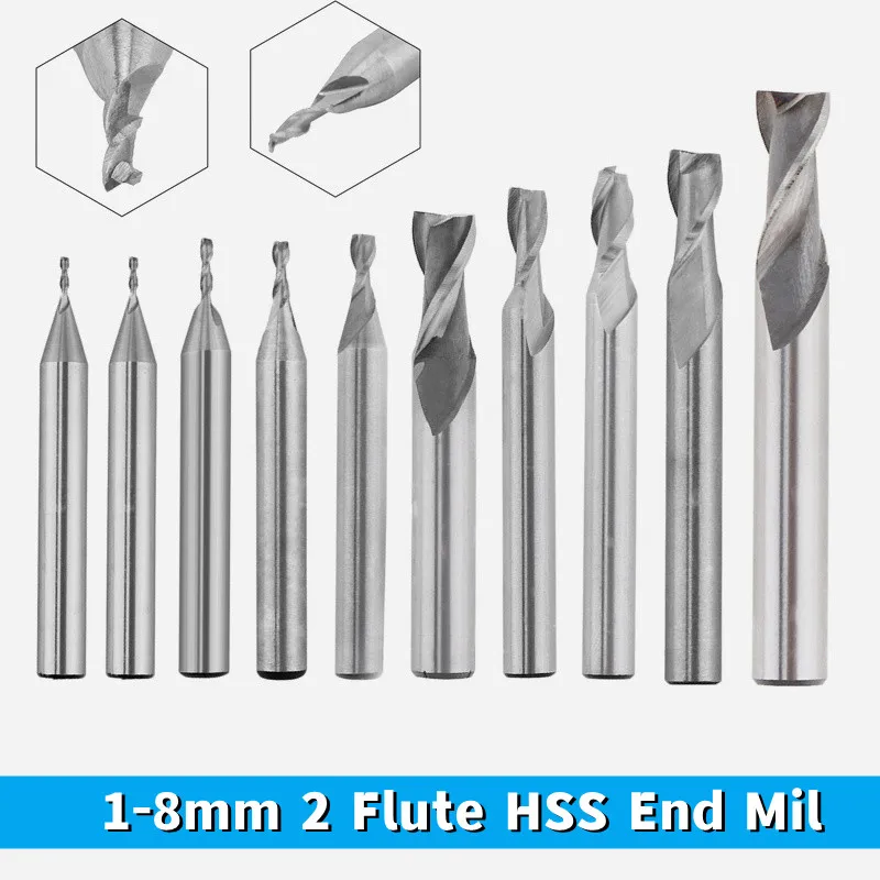 1 pc HSS 2 Flute HSS End Mill Cutter 1mm-8mm CNC Straight Shank Milling Woodworking Tool End Mill Router Bit CNC Mold Processing