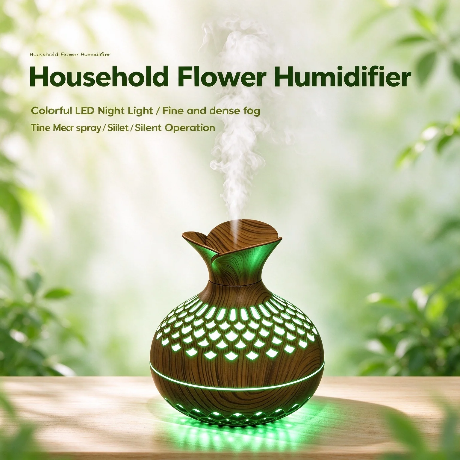 Wood Grain Flower Essential Oil Diffuser USB Air Humidifier Color LED Nightlight Silent Fine Mist Maker for Bedroom Home
