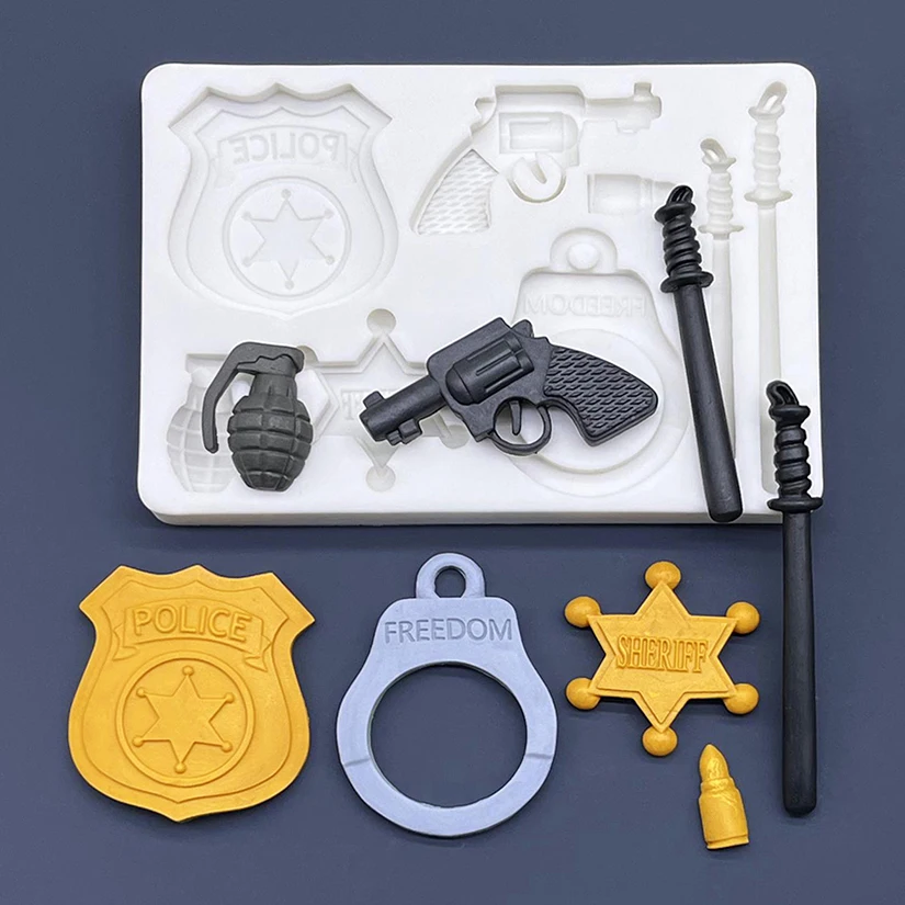 Baton Gun Handcuffs Sheriff\'s Badge Silicone Mold Sugarcraft Cupcake Baking Mold Chocolate Fondant Cake Decorating Tools