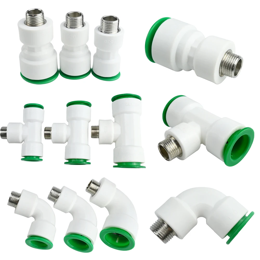 

PPR Straight Elbow Tee Push-Fit Quick Connector 1/2" Male Thread Heat-Free Installation Fits 20 mm, 25 mm, 32 mm Water Pipes