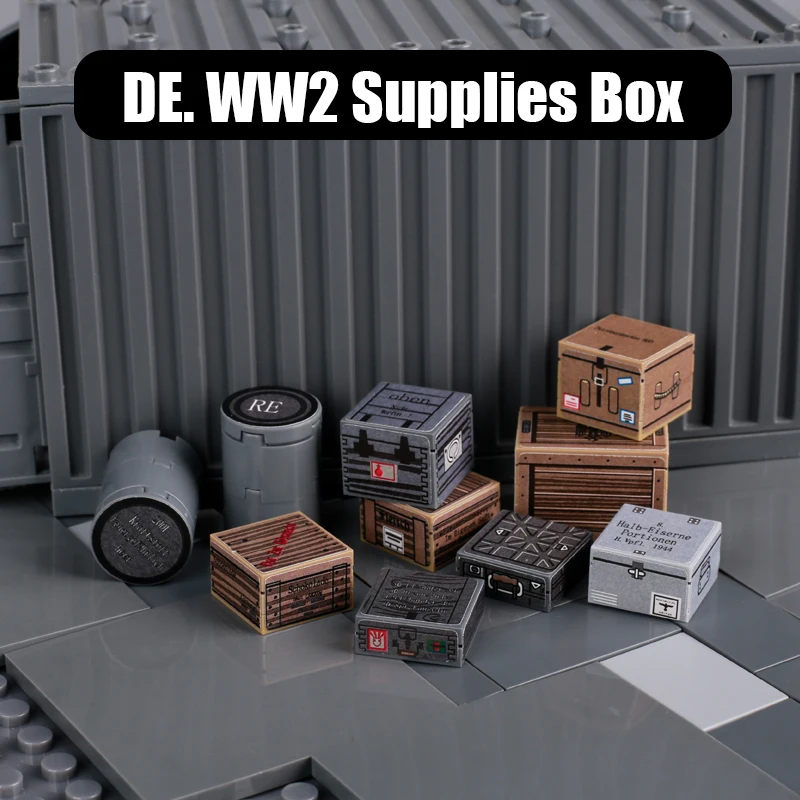 WW2 Military Germany Supplies Storage Box Building Blocks War Scene US Weapons Stickers Container Food Reserve Bricks Toys Gift