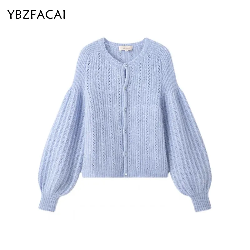 Imagem -06 - Ybzfacai Primavera Outono Moda Mohair Azul Fino Camisola Cardigan Doce Feminino o Pescoço de Malha Macia Oco Lanterna Solta Manga Jaqueta