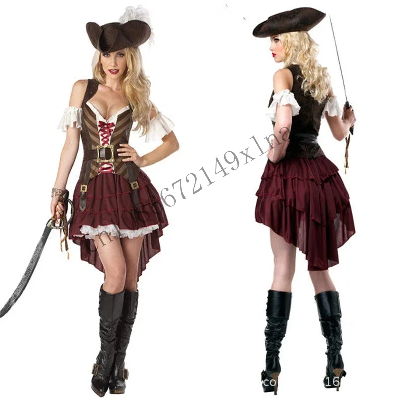 ฮาโลวีนหญิงผู้ใหญ่โจรสลัดกัปตันเครื่องแต่งกายบทบาทเล่นคอสเพลย์ชุดยุคกลางแฟนซีผู้หญิงแต่งตัวไม่มีอาวุธ CMMN13