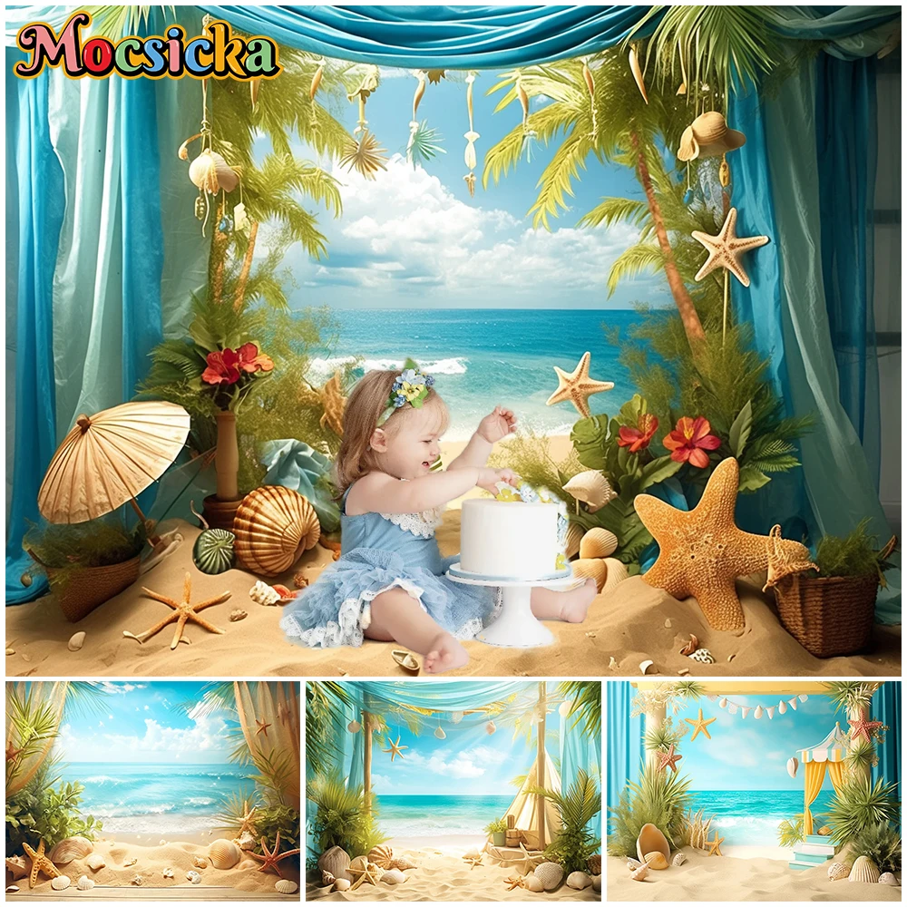

Mocsicka Summer Ocean Beach Photography Background Sea Star Shell Hawaiian Party Decorations Birthday Backdrops Banner Photocall