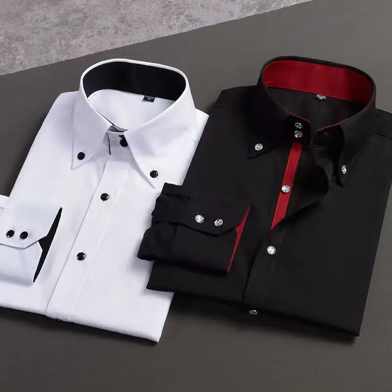 Fashionable White Shirt for Men,Casual Slim Fit with Long Sleeves and Drill Buckle Turtleneck Dress Shirt Korean Size M-3XL 4XL