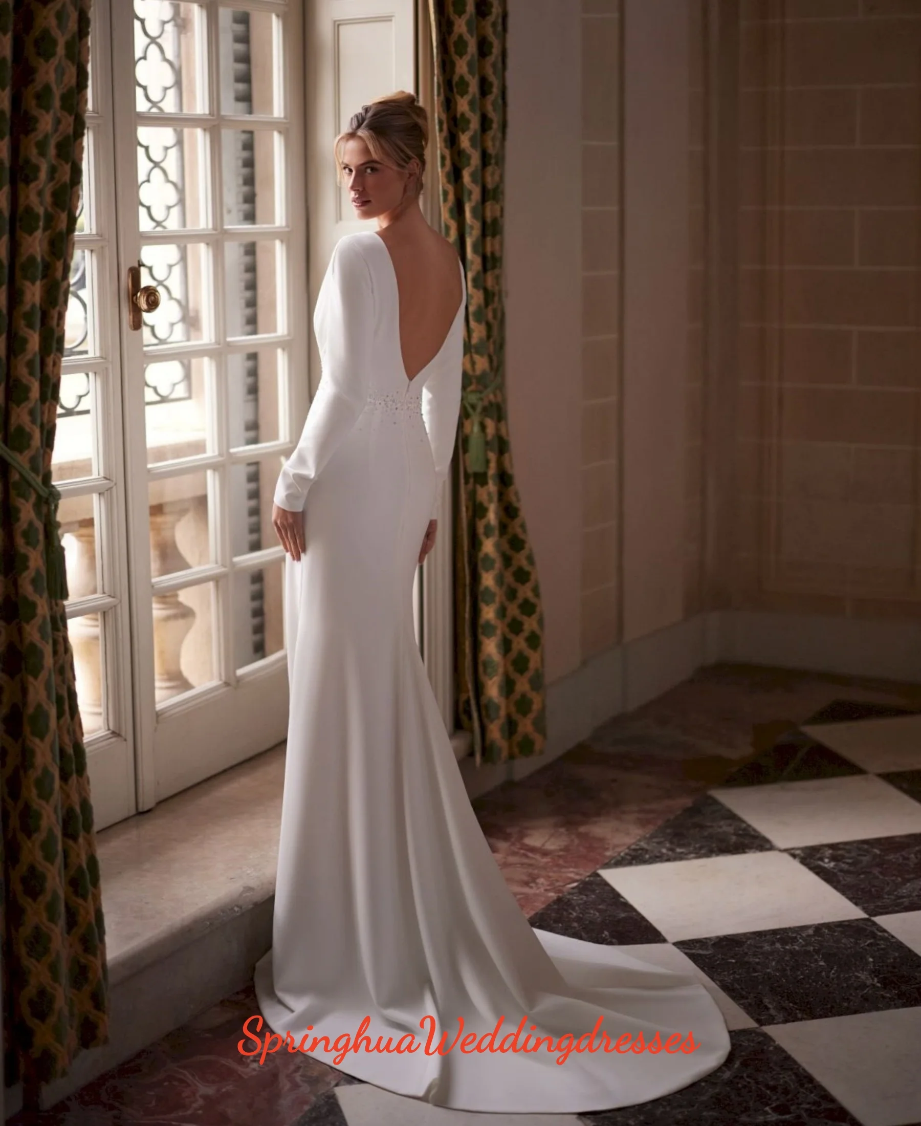Customzied Luxury New Mermaid Wedding Dress V Neck Long Sleeves Beading Pearls Sweep Train Bride Zipper Back Vestido De Novia