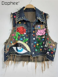 Fashion Brand Cowboy Vest Female 2024 Spring and Summer New Raw Edge Distressed Washed Cotton Loose Color Matching Short Vest