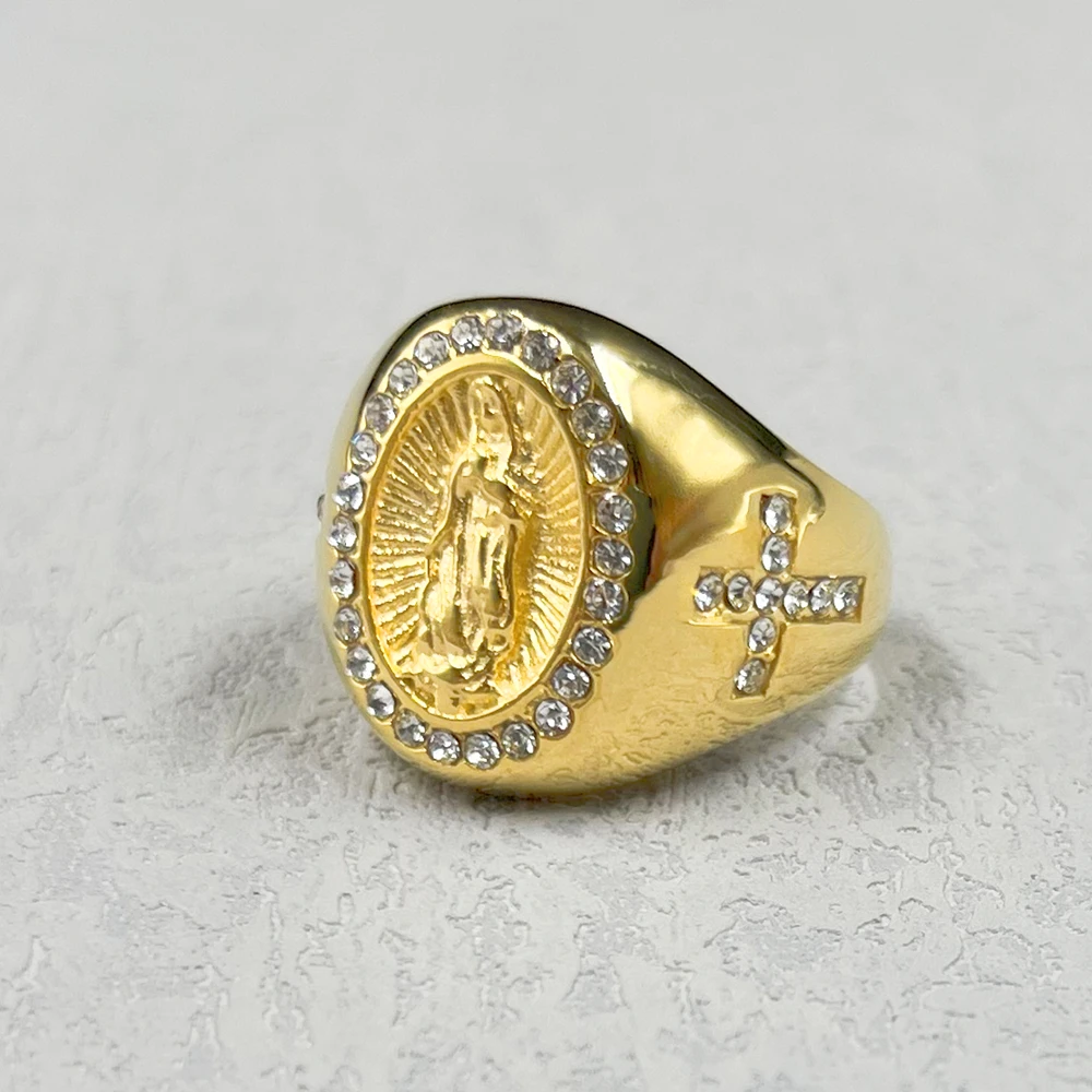 Gold color Christian / Catholic Ring 316L Stainless Steel with rhinestone Cross women Men\'s Catholic Virgin Mary