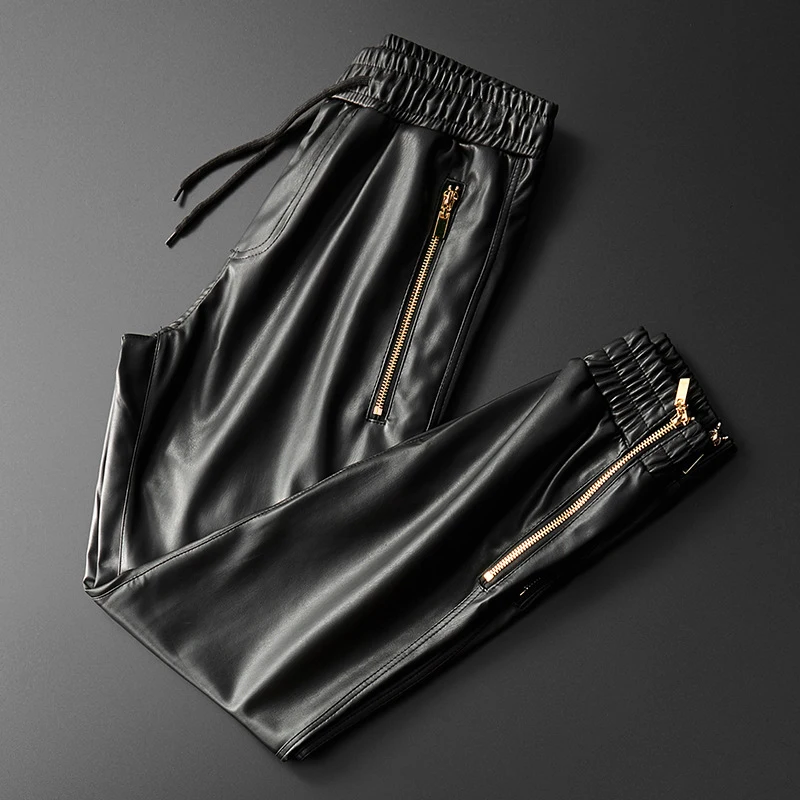 

Men's Leather Pants Superior Quality Elastic Waist Jogger Pants PU Leather Motorcycle Trousers Biker's Pants