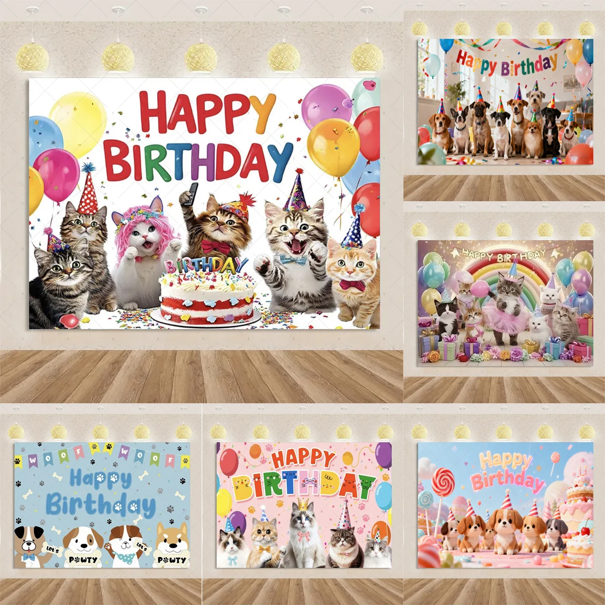 

Cat Dog Birthday Theme Party Decoration Happy Animal Kids Family Background Wall Photography Studio Props Beautiful Gift Banner