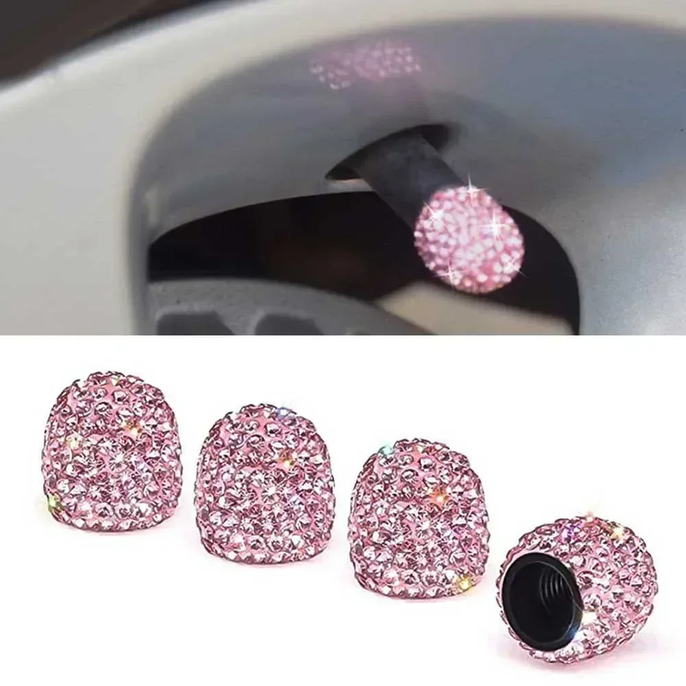 4pcs Universal Car Tire Air Sealing Cap Anti-Rust Dust-Proof Valve Cap Clay + Rhinestone Pink Tire Valve Stem Caps Sparkling