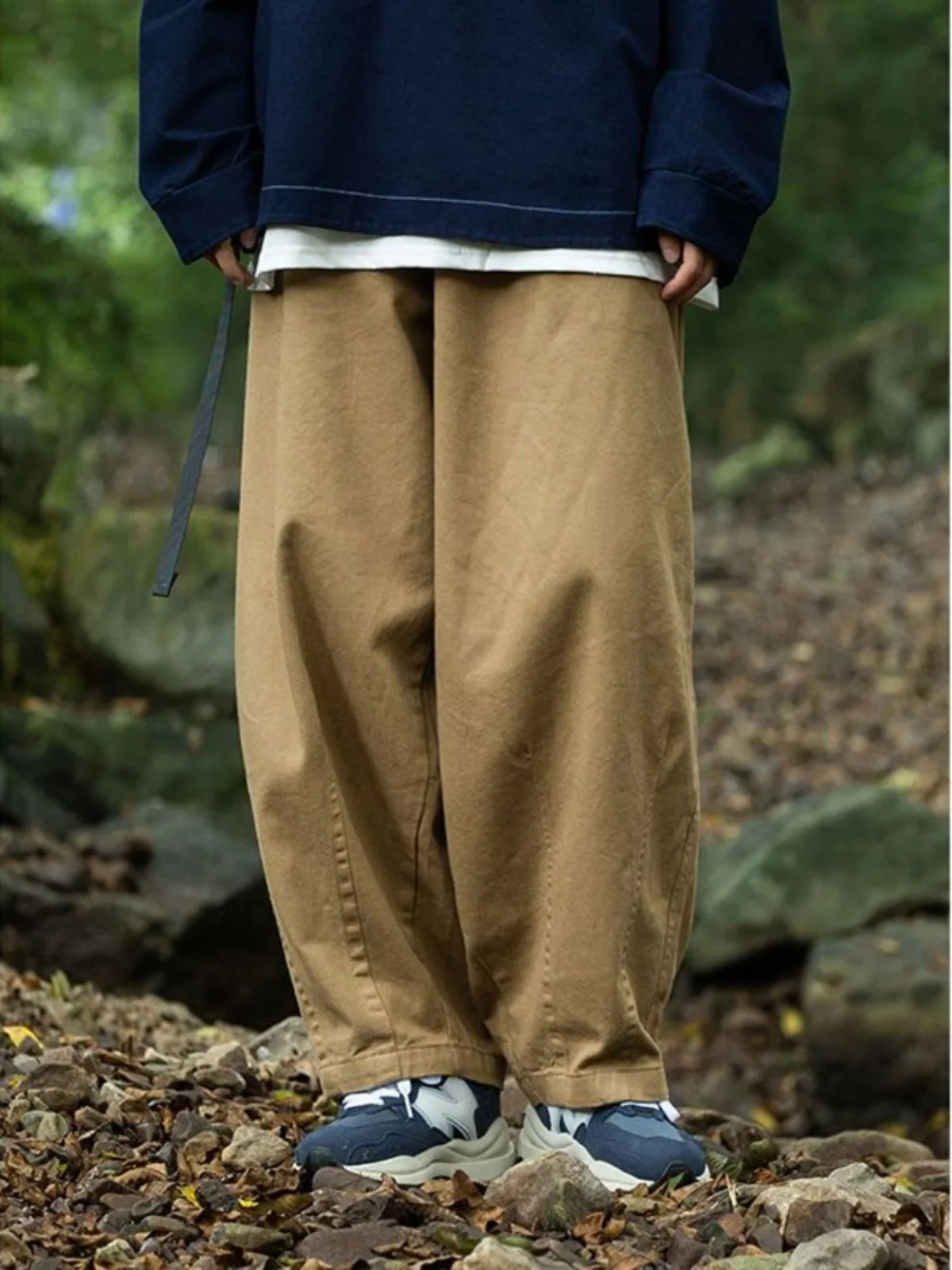 Retro Japanese Design  Color Elastic Waist Straight Leg Workwear Pants Unisex Loose Wide Leg Casual Trousers