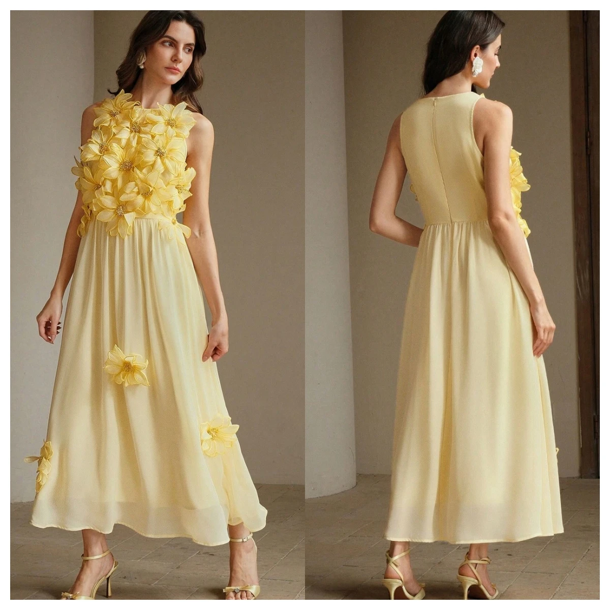 

Customized Exquisite Yellow Chiffon Evening Dress O-Neck Sleeveless Celebrity Gowns Bespoke Occasion Gowns Flowers Delicate