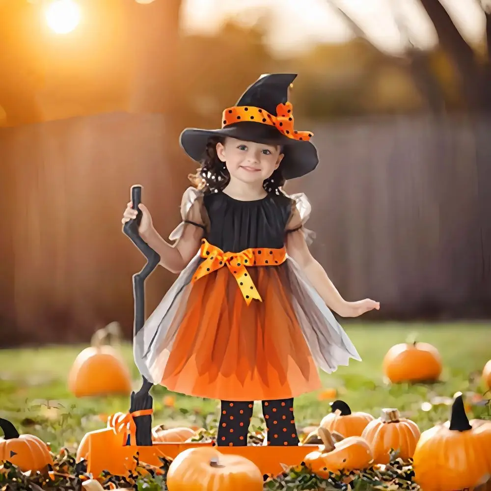 

Kawaii Childern Halloween Costumes Pointy Hat Bright Color Witch Dress Set Costume Cosplay Props Wizard