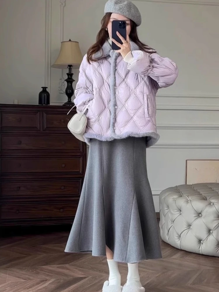 

Winter New Fashion New Color Shirt Style Light Purple Diamond Grid Cotton Jacket for Women and Casual Solid Color Skirt Set