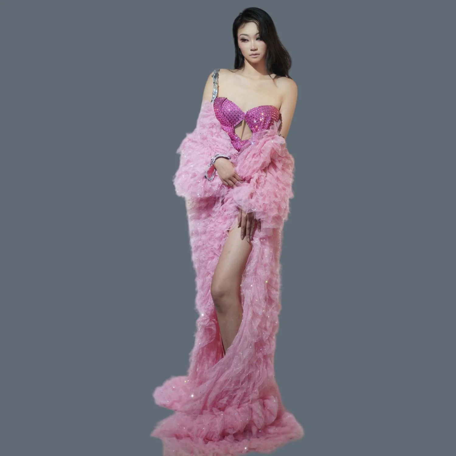 Pink Maternity Dresses Long Puffy Pregnant Gowns for Photoshoot Front Split Babyshower Dress Tiered Ruffles Bridal Robe Pifeng