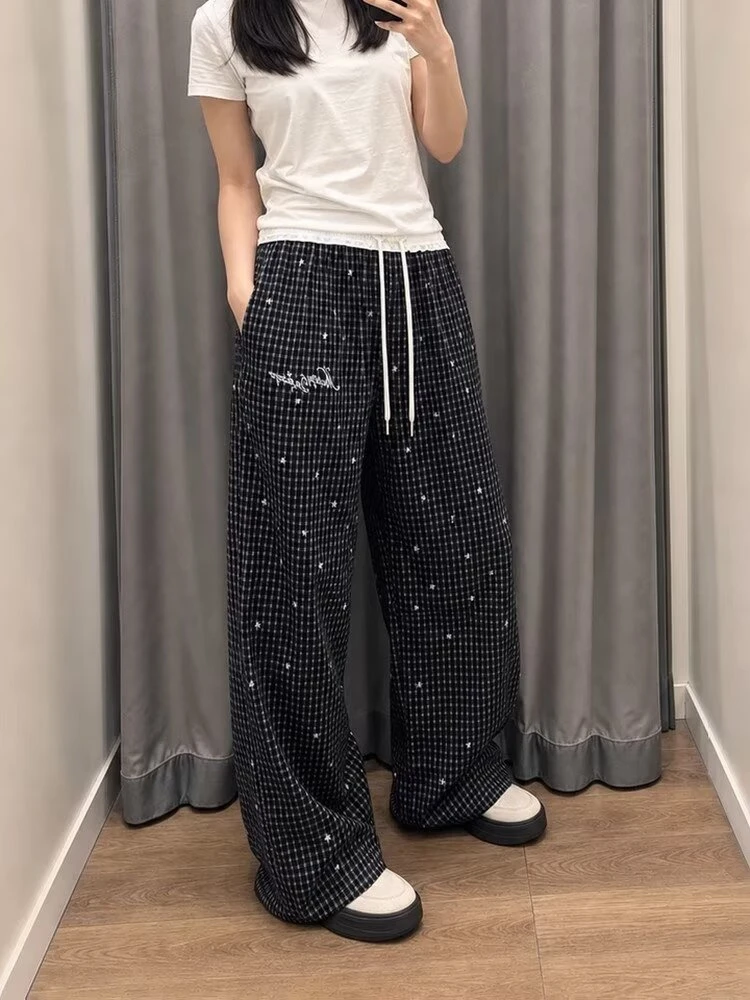Women's Retro Checkered Pattern Casual Pants Retro Bottoms 90s High Waisted Sweatpants Female Wide Leg Trousers Women Clothing