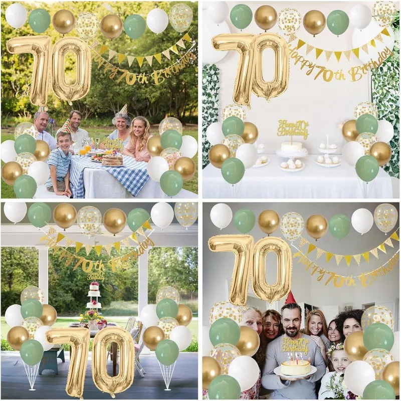 Salbeigrün, Gold, Weiß, 70. Geburtstag, Dekorationen für Geburtstag, Luftballons, alles Gute zum 70. Geburtstag, Banner, Kuchendekoration, 70-jähriges Dekor – Detail 4