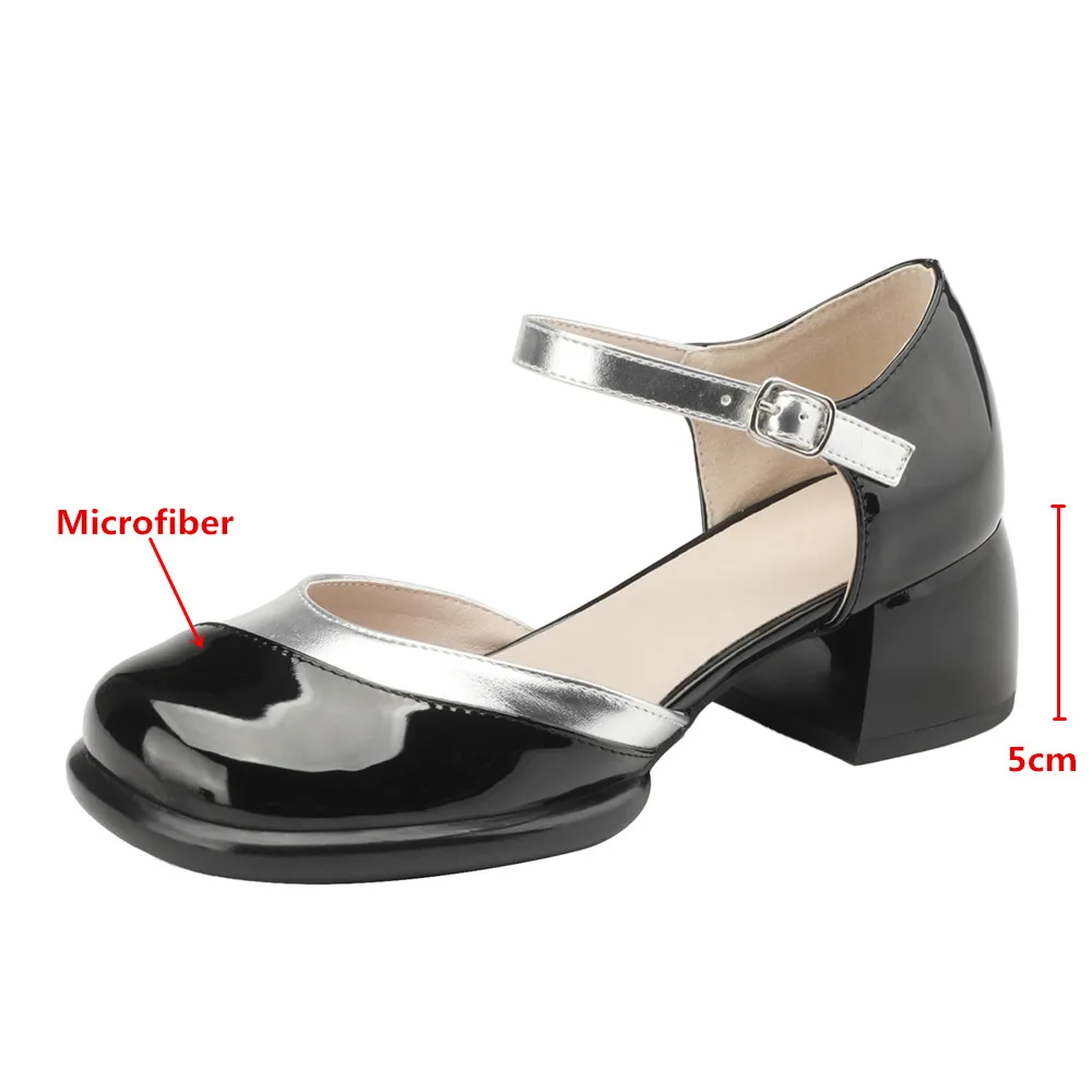 MILI-MIYA Fashion Mixed Color Women Microfiber Pumps Round Toe Buckle Strap Thick Heels Plus Size 34-43 Dress Party Shoes