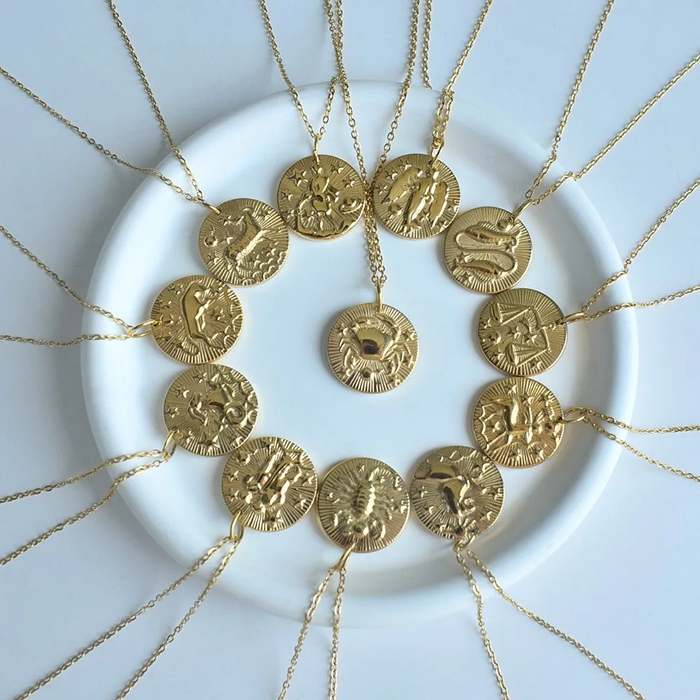 Women's 12 Constellation  Pendant Necklace Stainless Steel Gold Plated Zodiac Necklace Horoscope Necklace