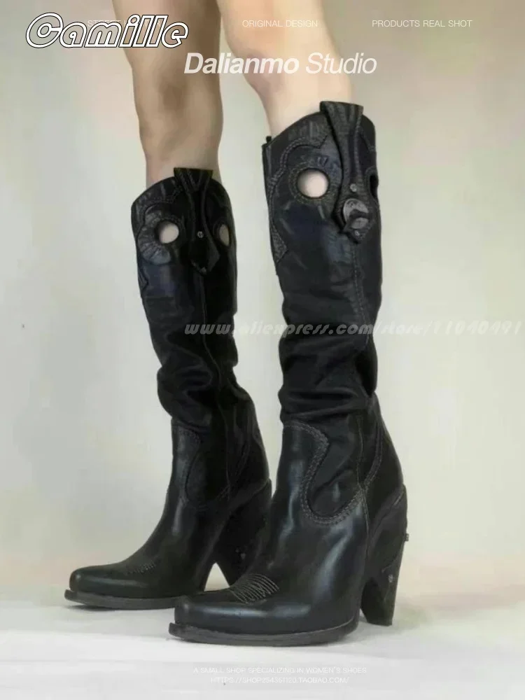 2025 Fashion All-Match Pleated Sexy Boots Square Toe Leather Boots