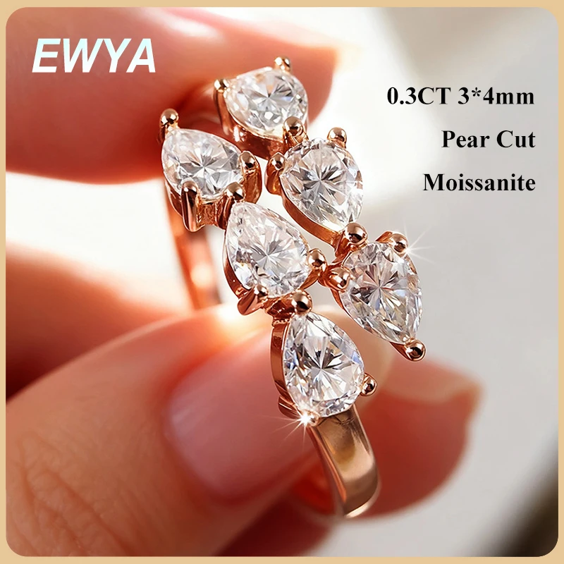

EWYA Pear Cut 3*4mm 0.3CT All Moissanite Ring for Women S925 Silver Diamond Female Crown Single Tail Rings Party Wedding Band