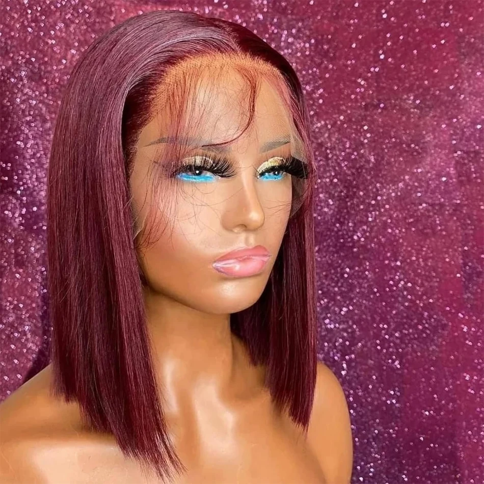 

99J Burgundy Straight Short Bob 13x4 Lace Frontal Human Hair Wig Red Color Transparent Lace Front Wigs 12 Inch For Black Women