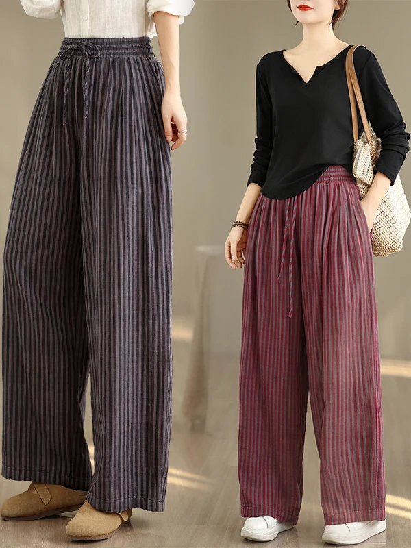 

Брюки с высокой талией и широкими штанинами, в полоску, из двойного плетения, с эластичным поясом и шнурком, повседневные, в художественном ретро-стиле, женские, больших размеров