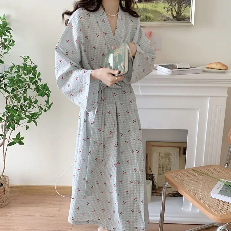 Plaid Robes Women Cherry Home Wear Daily Simple Sweet Temperament Loose Ins Fashion Spring Ulzzang Bandage Korean Style Comfort