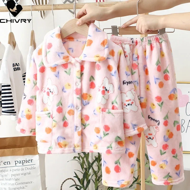 

New 2023 Kids Winter Soft Flannel Pajamas Clothing Sets Boys Girls Cartoon Thicken Warm Lapel Tops with Pants Pyjamas Sleepwear