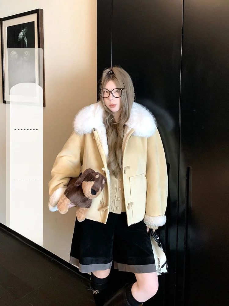 

Women's Lamb Fur Jacket Biker Style Coat Suede Collar Integrated Leather And Fur Autumn Winter Warm Casual Fashion Outerwear