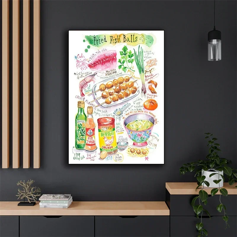 المطبخ الياباني الكوري وصفة فنية ، تزيين المطبخ ، لوحة ألوان مائية ، فن الطبخ الجداري ، ملصق جماليات ، وصفة آسيوية #5