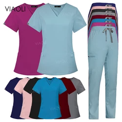 High-end chirurgische uniformen vrouw effen kleur medische scrubs sets V-hals shirt met korte mouwen rechte broek werkkleding SPA-uniform