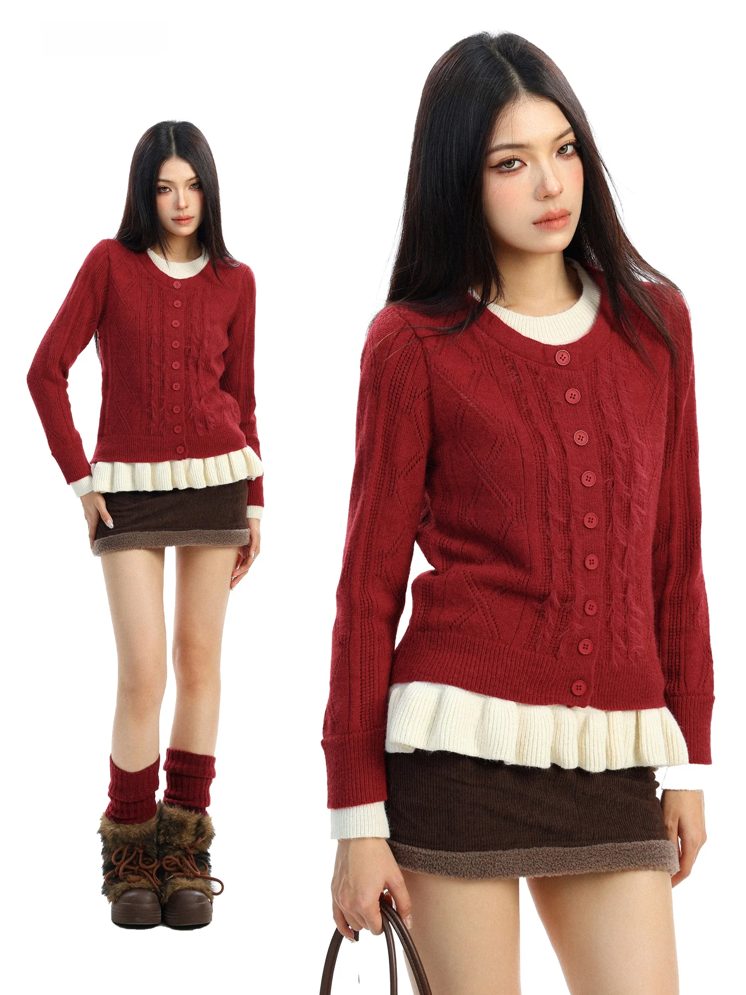 

Красный кружевной трикотажный женский свободный повседневный топ-кардиган на осень-зиму, винтажный, с длинным рукавом, круглым вырезом, мягкий, удобный, для повседневной носки