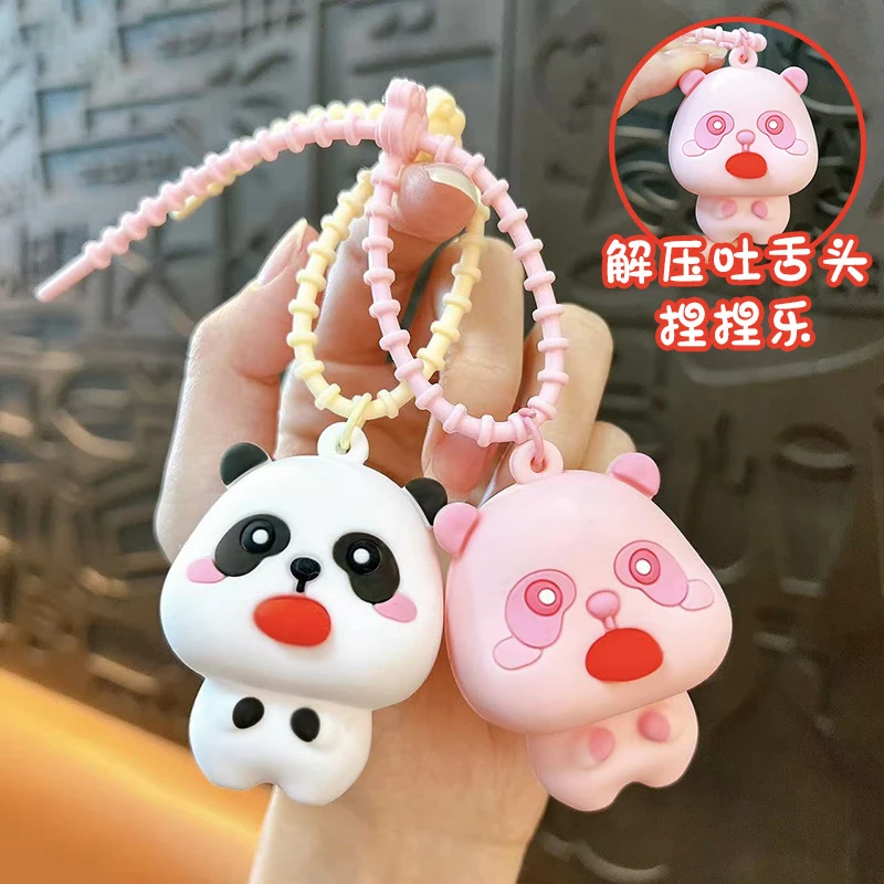 Cartoon Creative Decompression Squeeze Panda Tongue Pinch Fidget Keychain Cute Small Pendant Car Backpack Decoration Keychain
