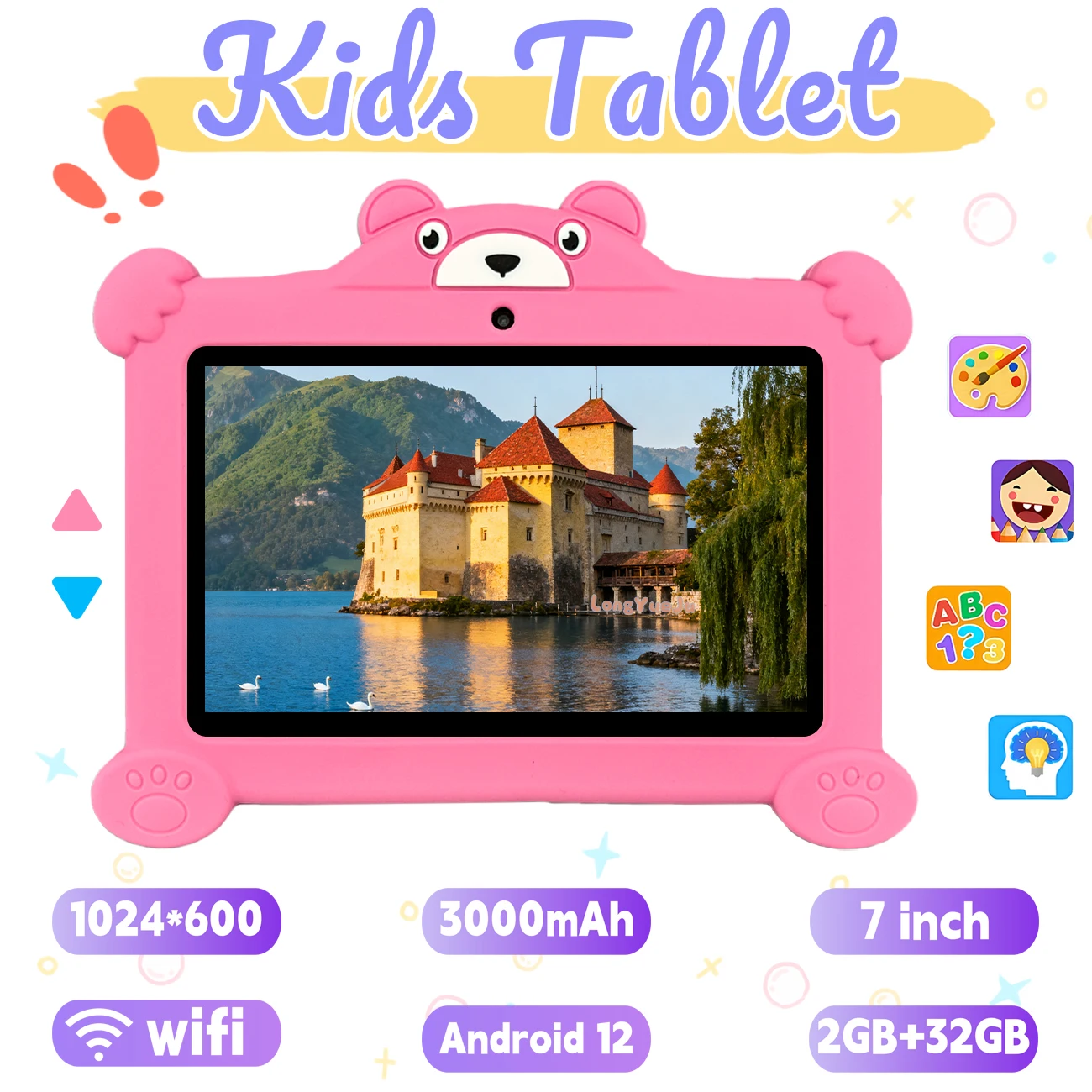 7-inch kindertablet, Android 12, dubbele camera's, educatieve software, ouderlijk controlesysteem, perfect cadeau