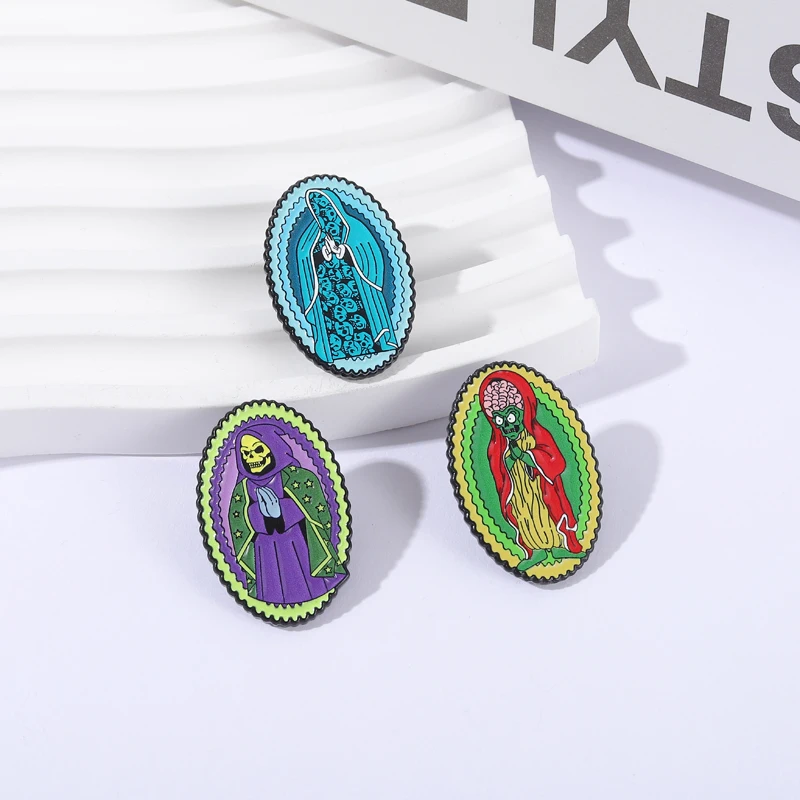 Creative Horror Skeleton Cosplay Virgin Mary Brooch Enamel Pins Halloween Punk Metal Brooches Lapel Badge Jewelry Friends Gifts