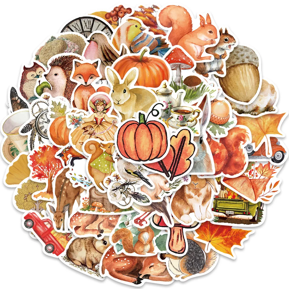 50/100Pcs INS Novelty Cartoon Cute Kawaii Autumn Forest Stickers PVC Waterproof Stickers Decals For Kids Boys Girls Toys Gifts