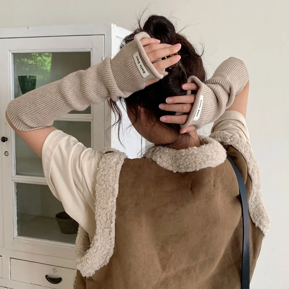 يغطي اليد الكورية نمط محبوك الأكمام الدافئة بلون Y2k قفازات الذراع الصوفية الحلو مطاطا طويلة أصابع الأكمام الخريف