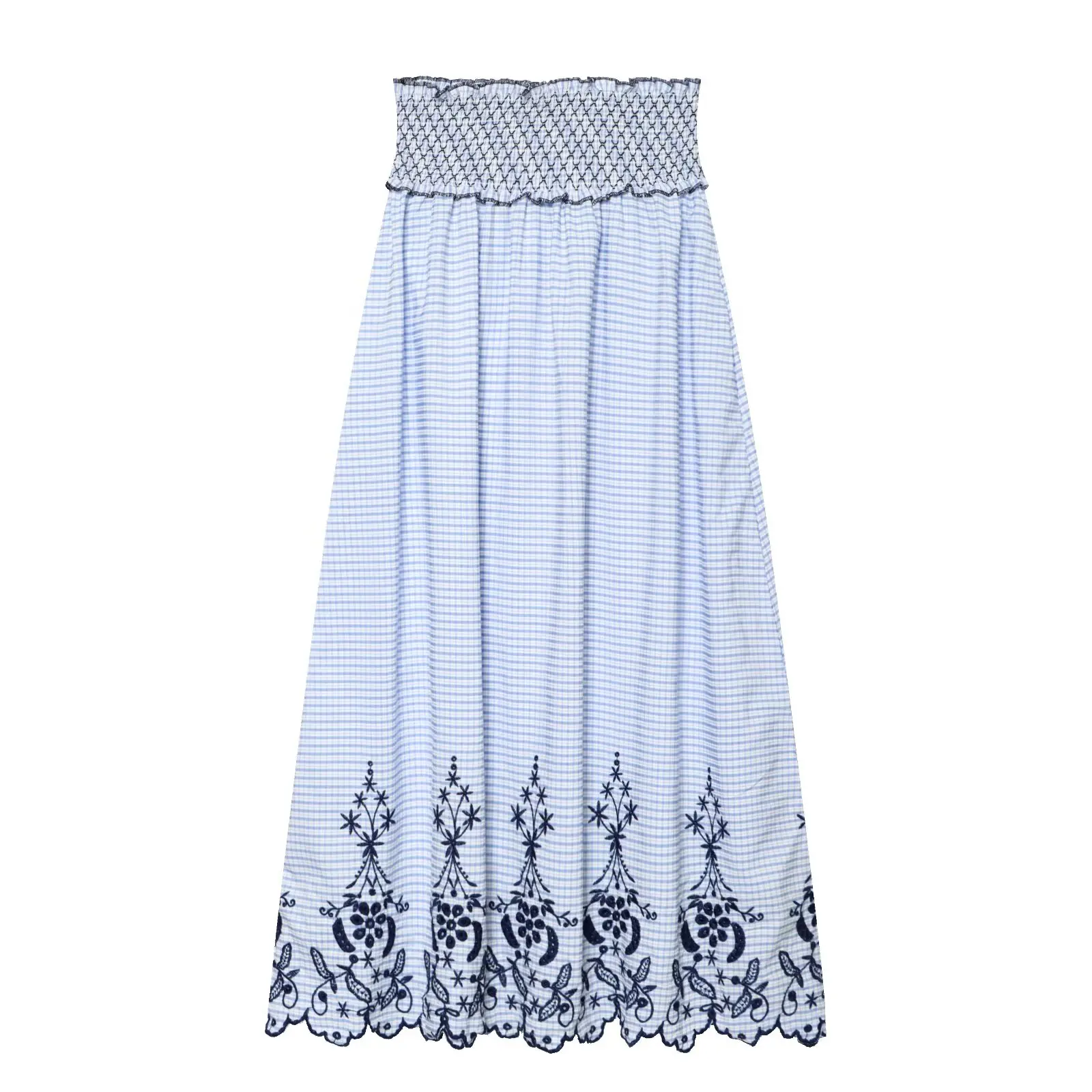 New 2026 Women Embroidery Plaid Midi Skirt Elastic Smocked Waist Casual Boho Summer Skirts