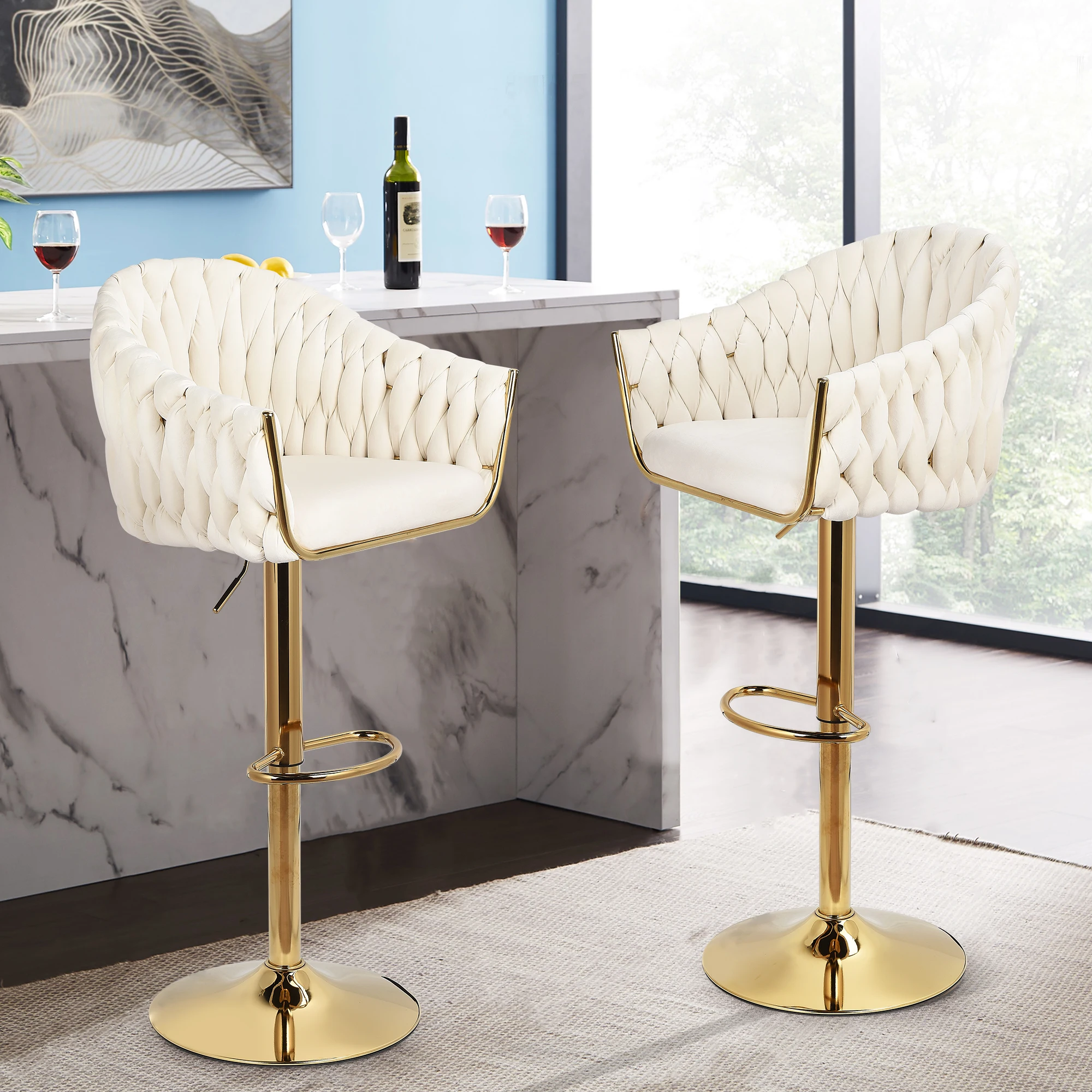 Bar stool set of 2 pieces, small bar stool with backrest, adjustable height, velvet and metal counter stool