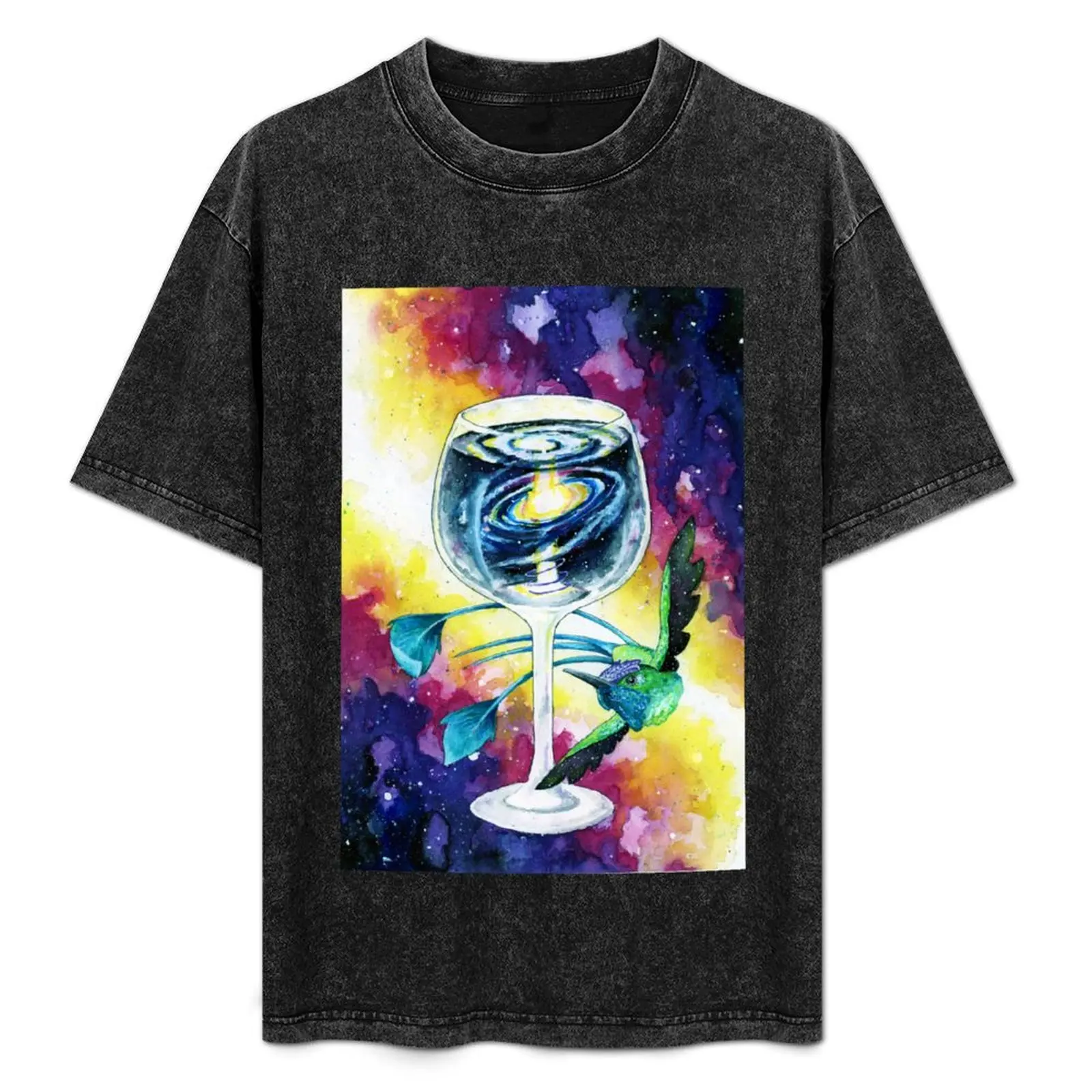 

Fantasy Space Hummingbird- Galaxy in a Wine Glass T-Shirt Basic Plain Short Sleeve Crew Neck Tee