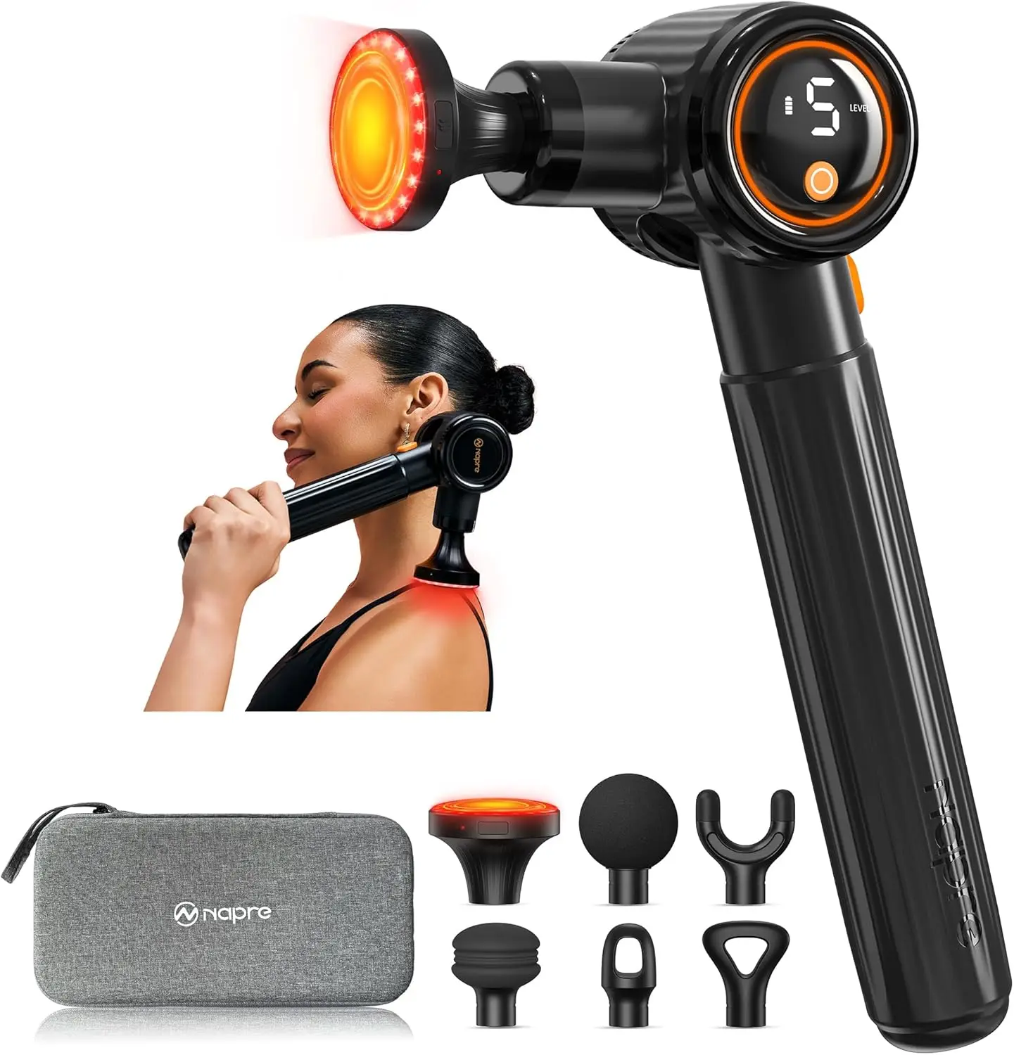 

Deep Tissue Massage Gun with Heat, Adjustable Angles & Extension Handle for Muscle/Neck/Body Pain Relief, Portable Case Included