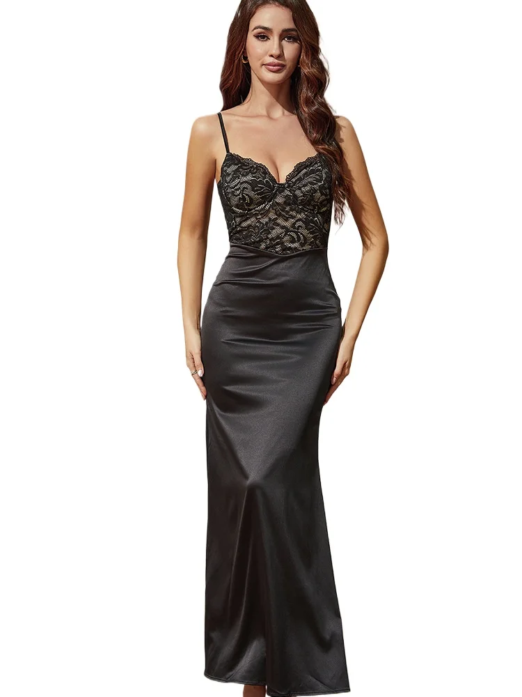 

2024 Sexy V-neck Spaghetti Straps Lace Long Black Formal Evening Dress