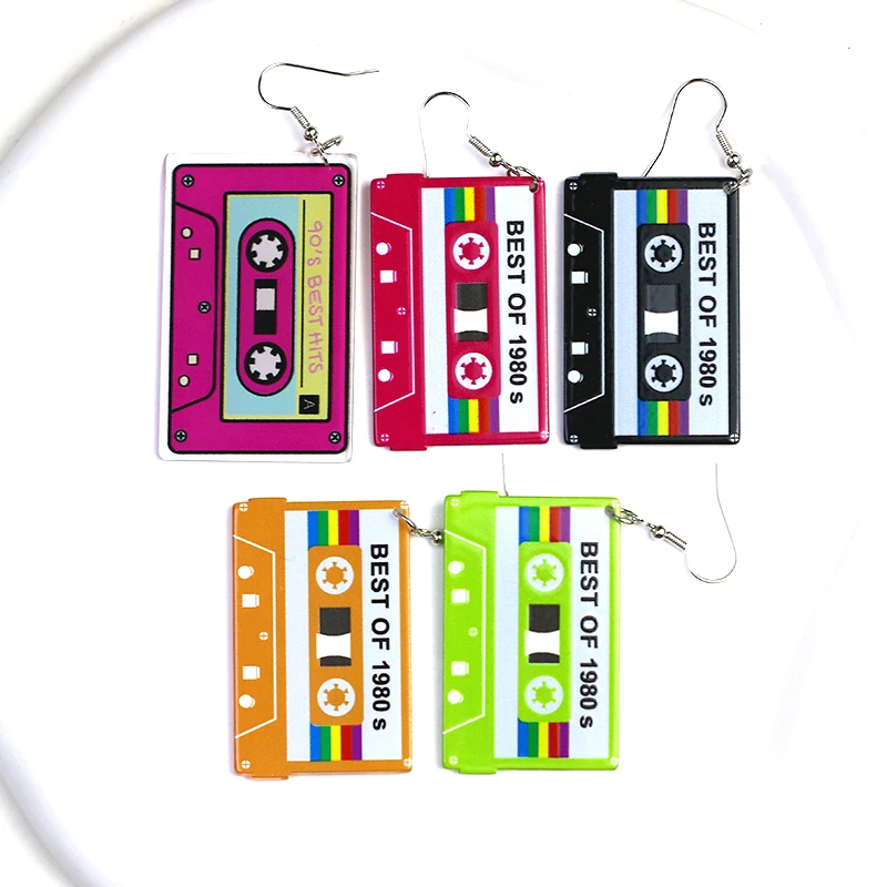

Vintage 90's BEST HITS Tape Earrings For Women Creative 1980s Simulation Cassette Acrylic Dangling Earring Gift